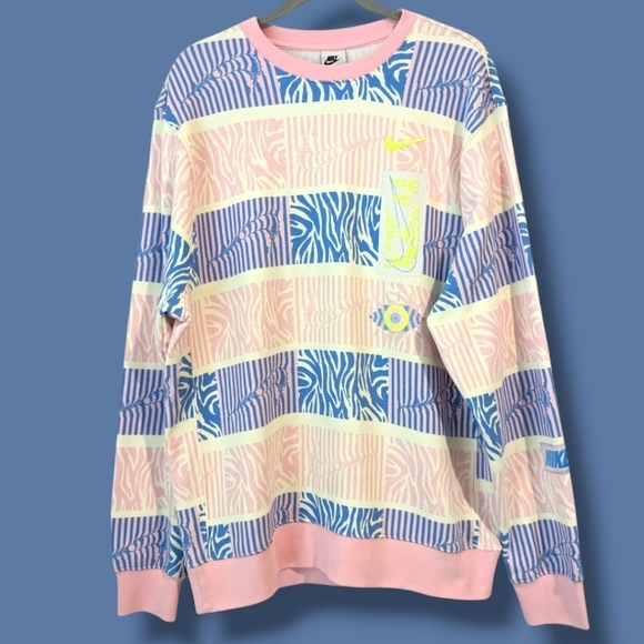 Nike Other - Nike Pink Blue Bright Patterned Fleece Trippy Safari Crewneck Sweatshirt Retro